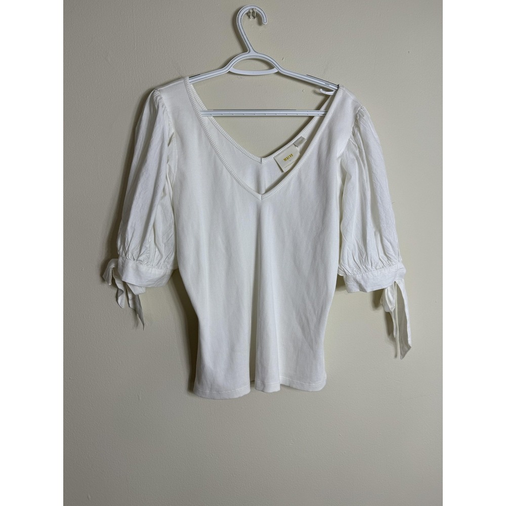 Maeve Anthropologie Shirt Womens Large White Puff Sleeve Tie Cuff V Neck Top